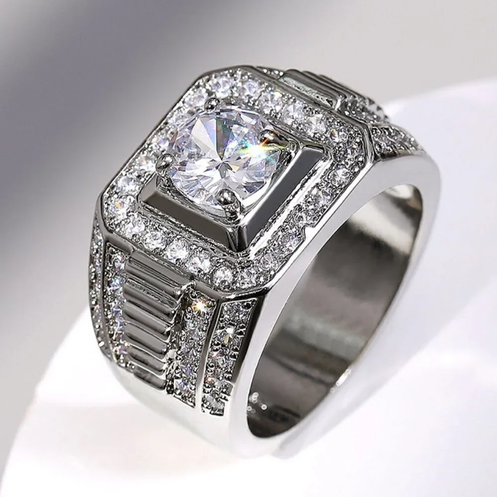 💎Fever Square Glitter Zircon Silver Chunky Wedding Rings for Man, PD663